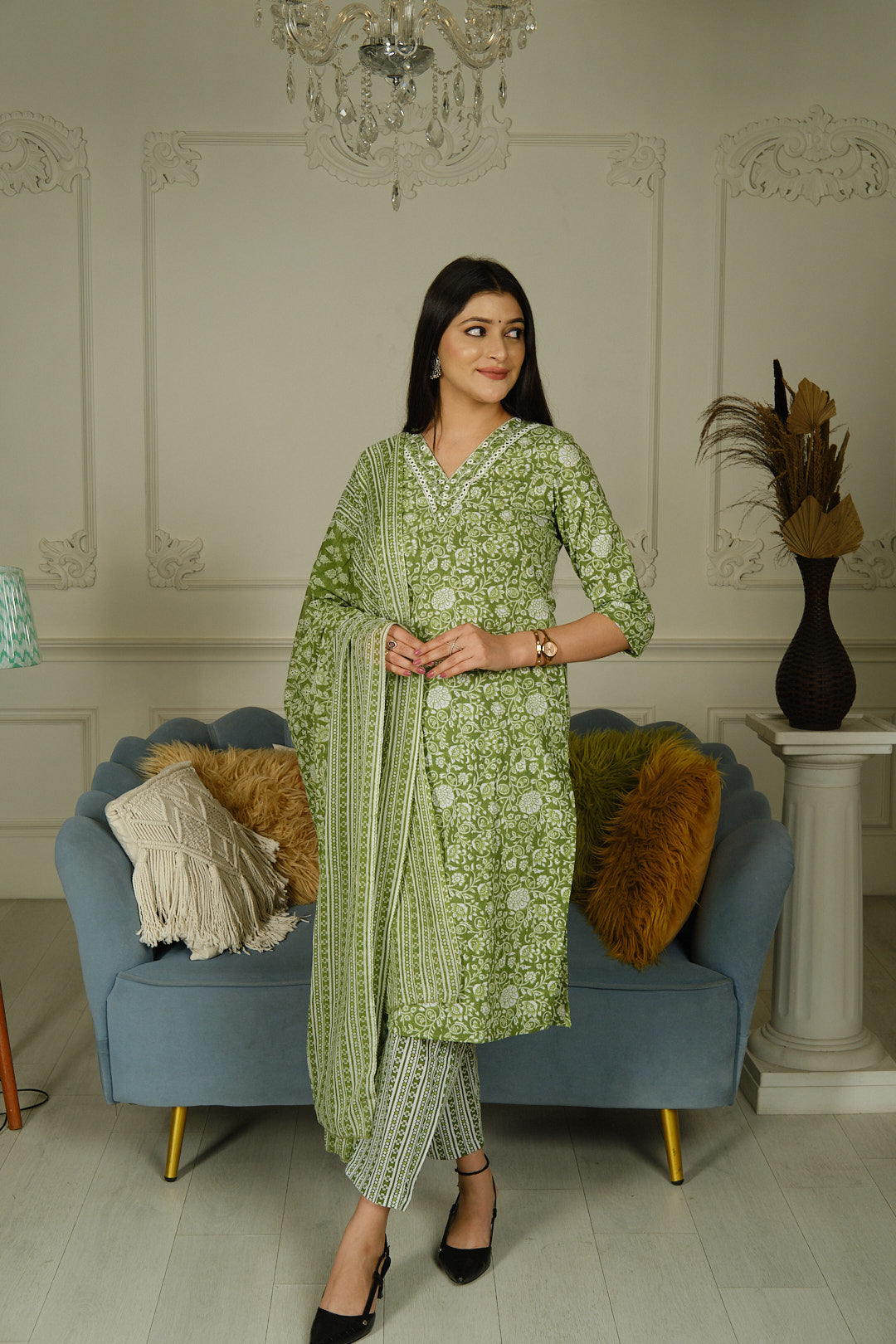 Light Green Printed Cotton Kurta Set