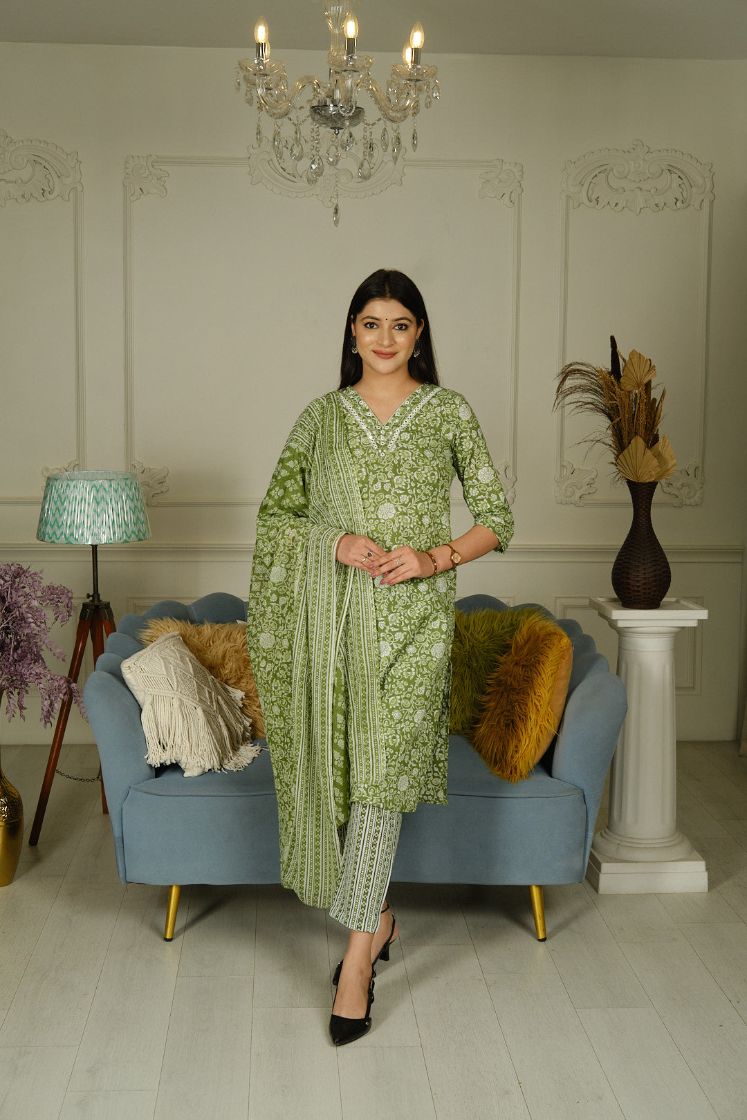 Light Green Printed Cotton Kurta Set