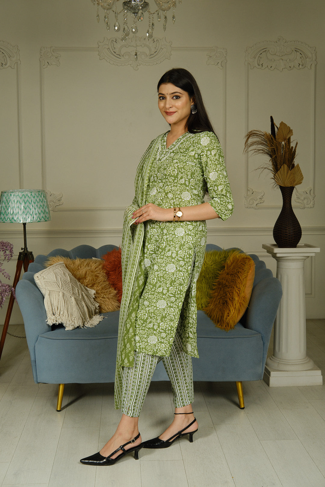 Light Green Printed Cotton Kurta Set