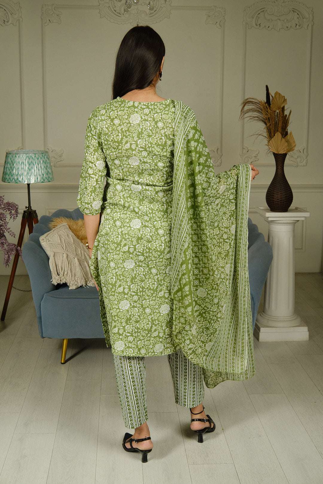 Light Green Printed Cotton Kurta Set