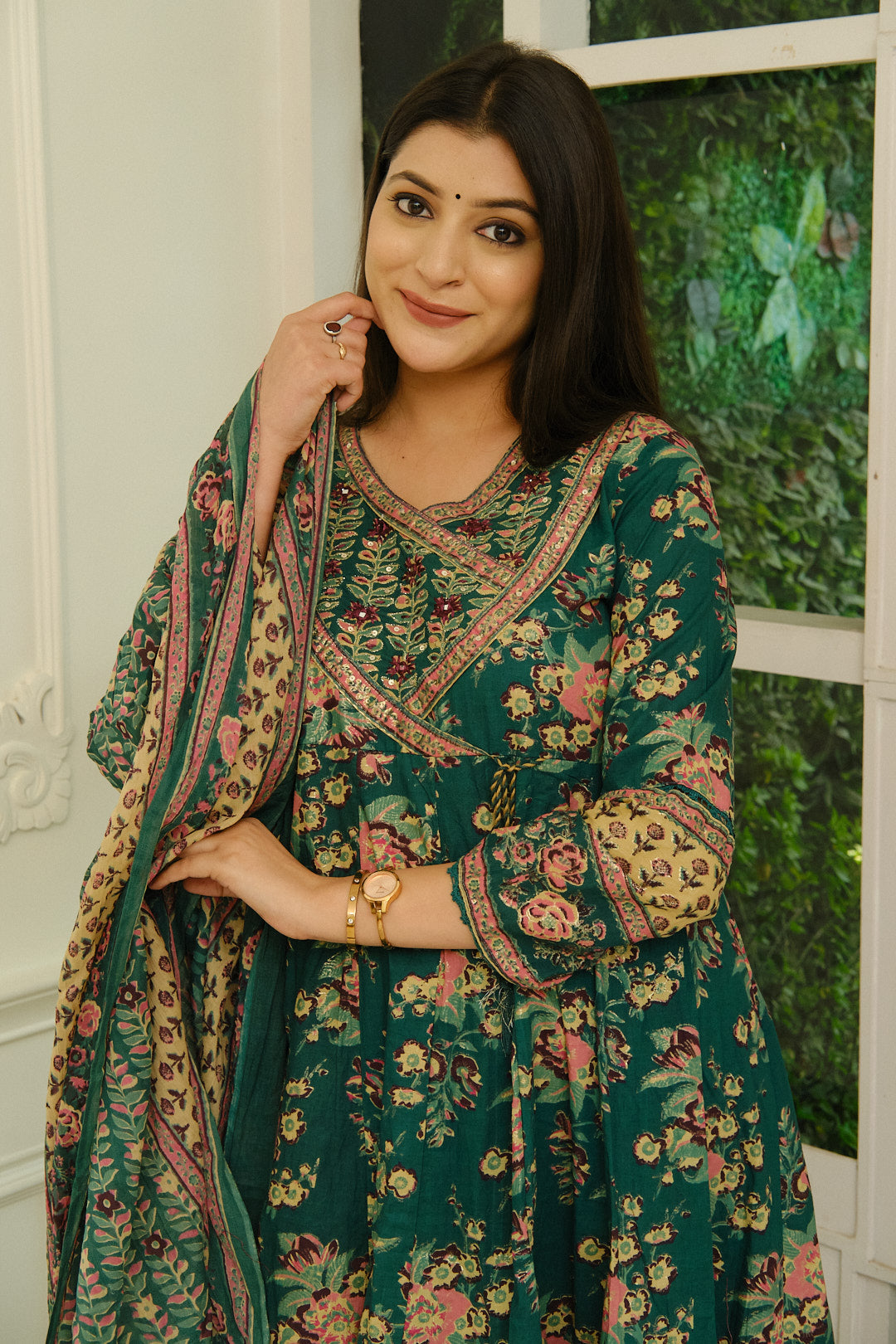 Dark Green Floral Print Anarkali Kurta Set