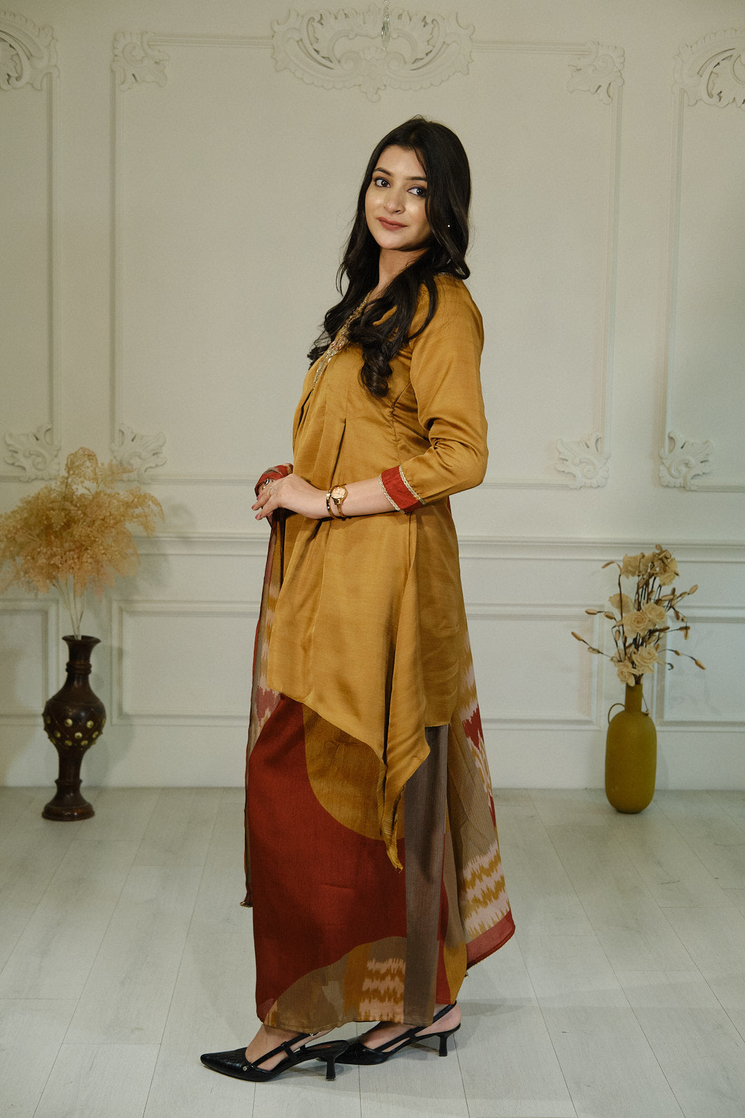 Mustard Dola Silk Kurta Set