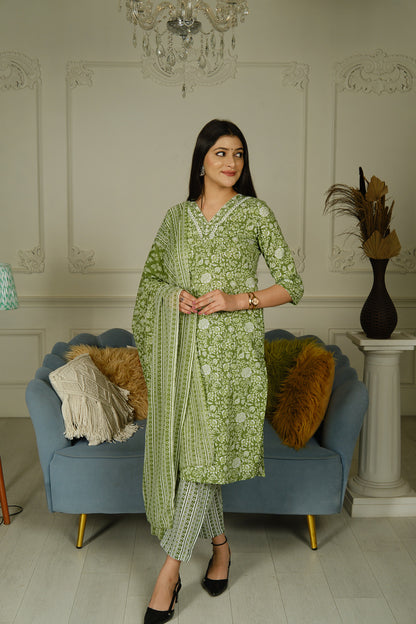 Light Green Printed Cotton Kurta Set