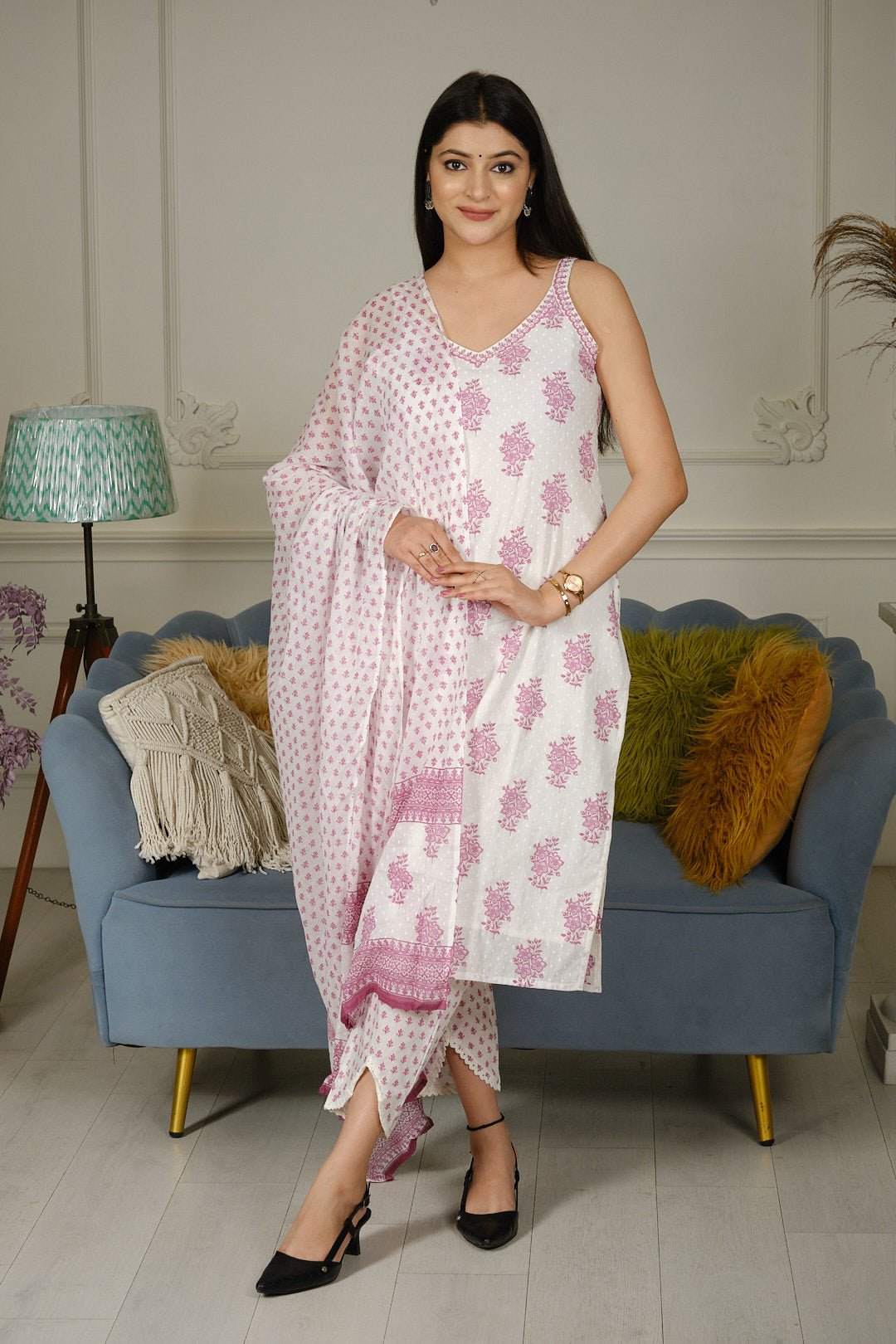 White & Pink Pure Cotton Kurta Set