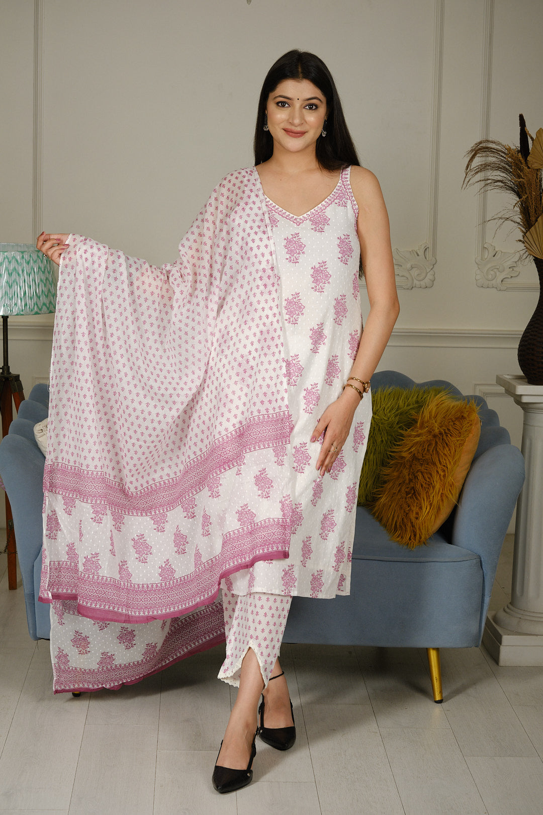 White & Pink Pure Cotton Kurta Set