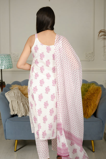 White & Pink Pure Cotton Kurta Set