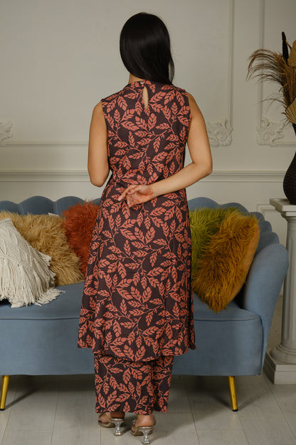Brown Printed Rayon Cotton Co-ord Set
