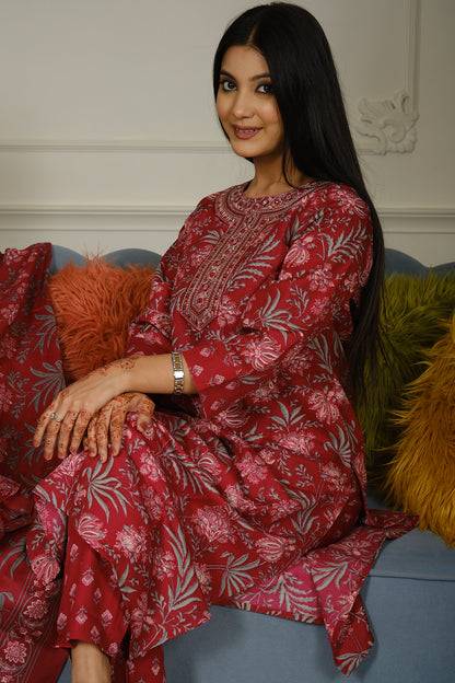 Red Cotton Slub Printed Kurta Set