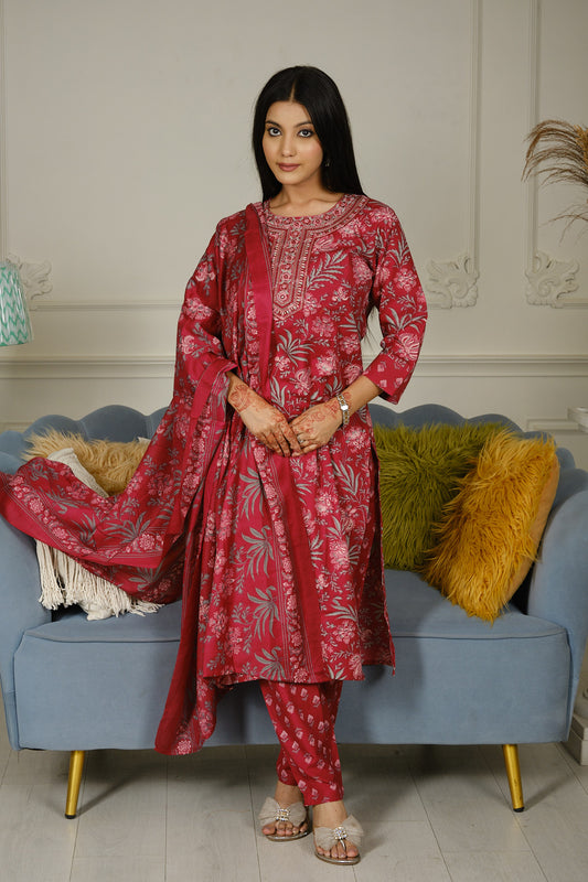 Red Cotton Slub Printed Kurta Set