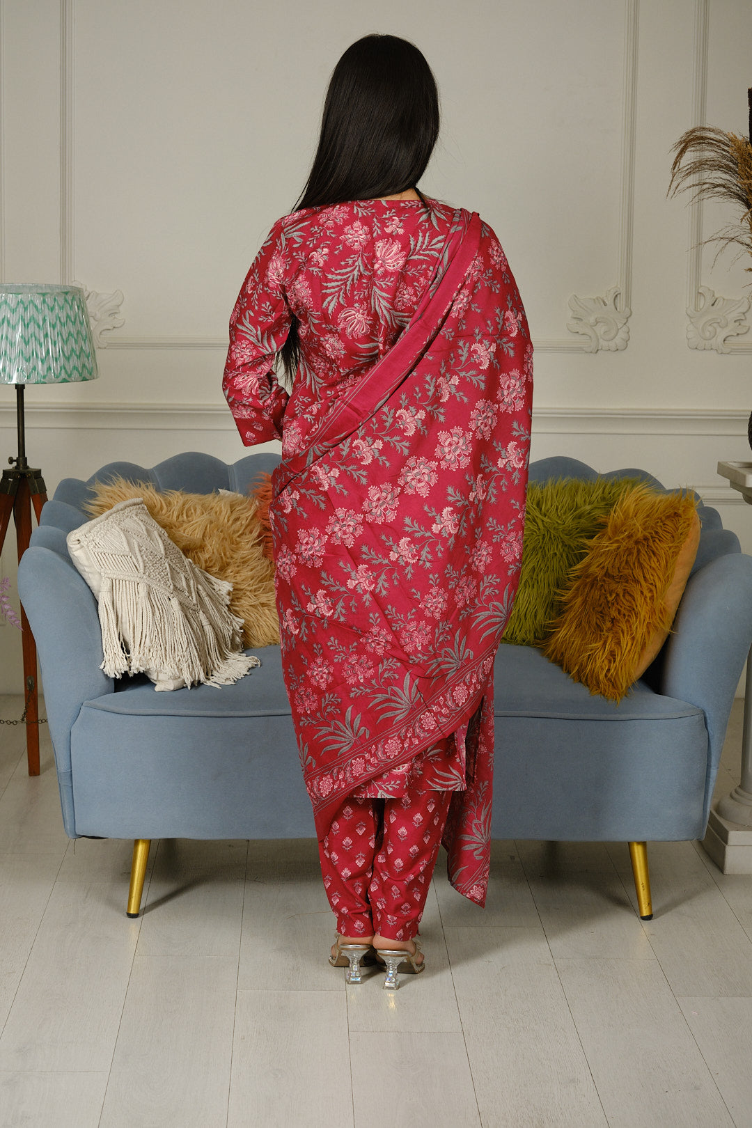 Red Cotton Slub Printed Kurta Set