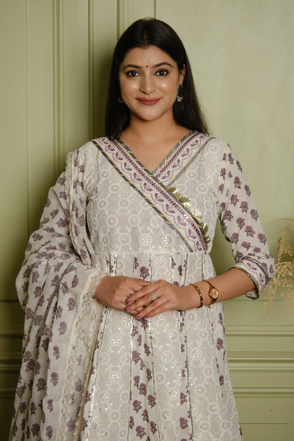 White & Lavender Angrakha Anarkali Kurta Set