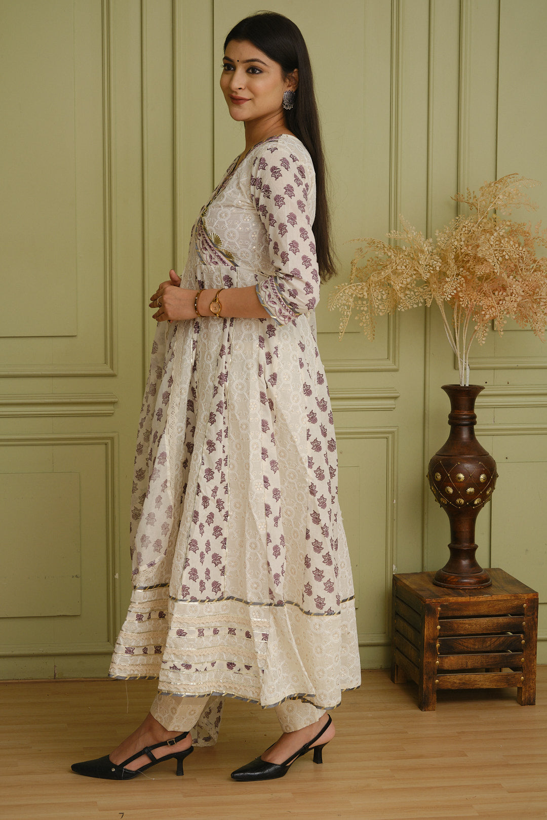 White & Lavender Angrakha Anarkali Kurta Set