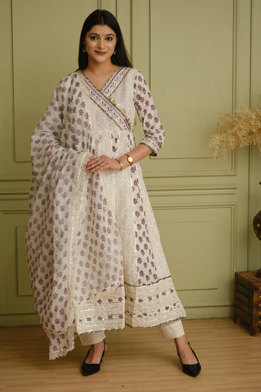 White & Lavender Angrakha Anarkali Kurta Set