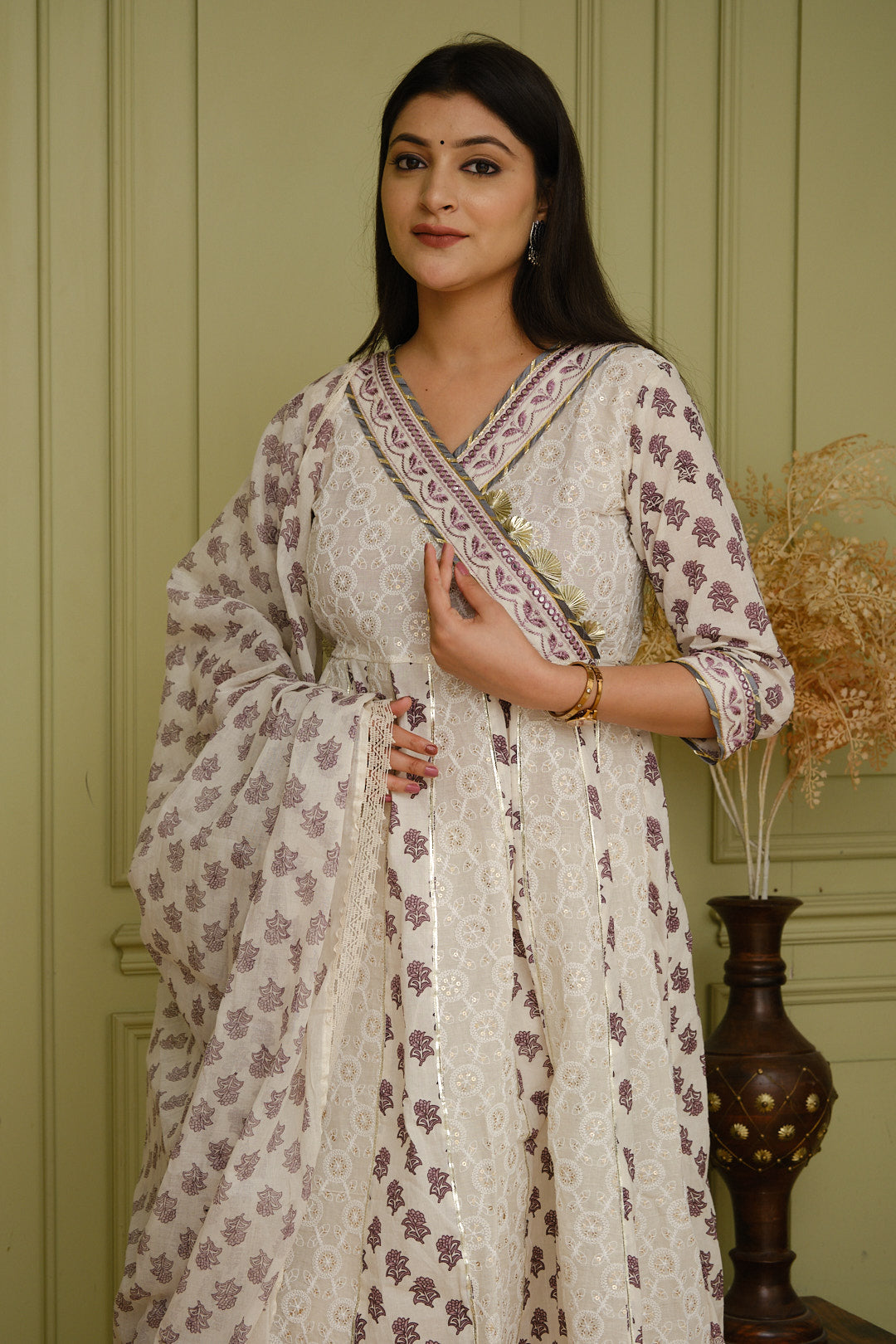 White & Lavender Angrakha Anarkali Kurta Set