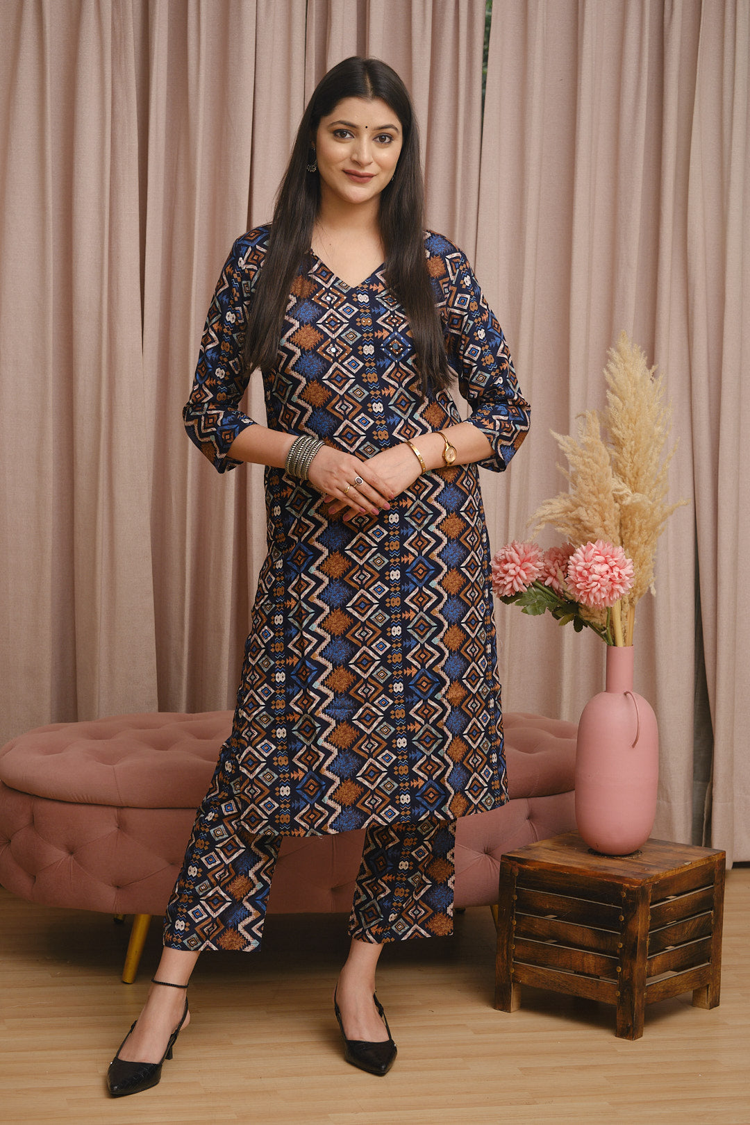 Navy Blue Rayon Cotton Co-ord Set