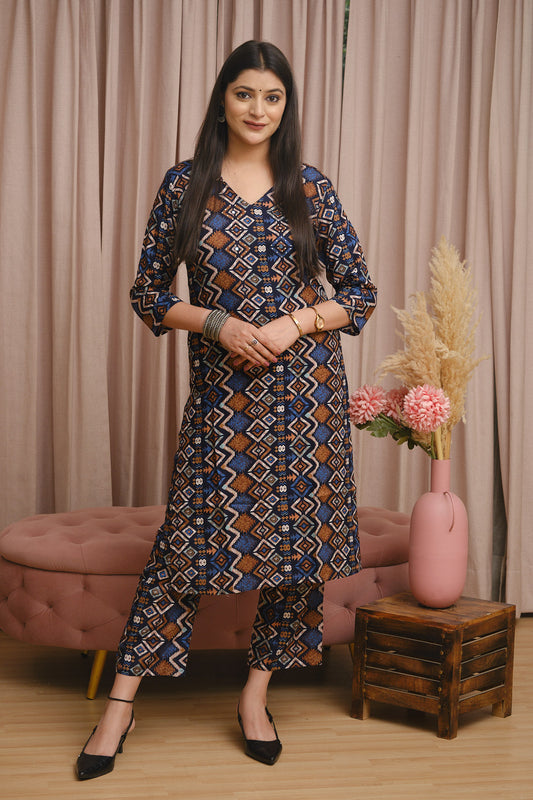 Navy Blue Rayon Cotton Co-ord Set