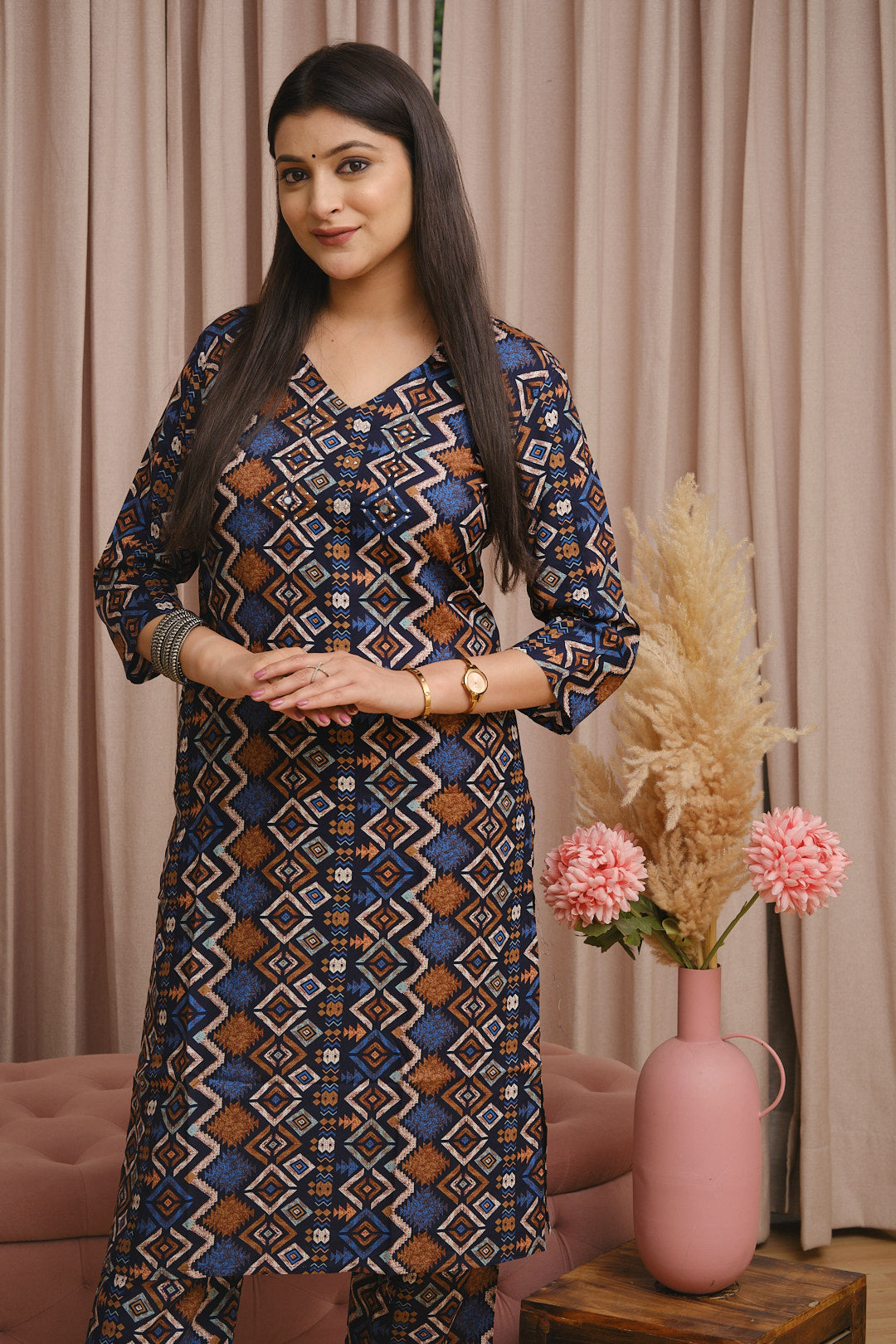 Navy Blue Rayon Cotton Co-ord Set
