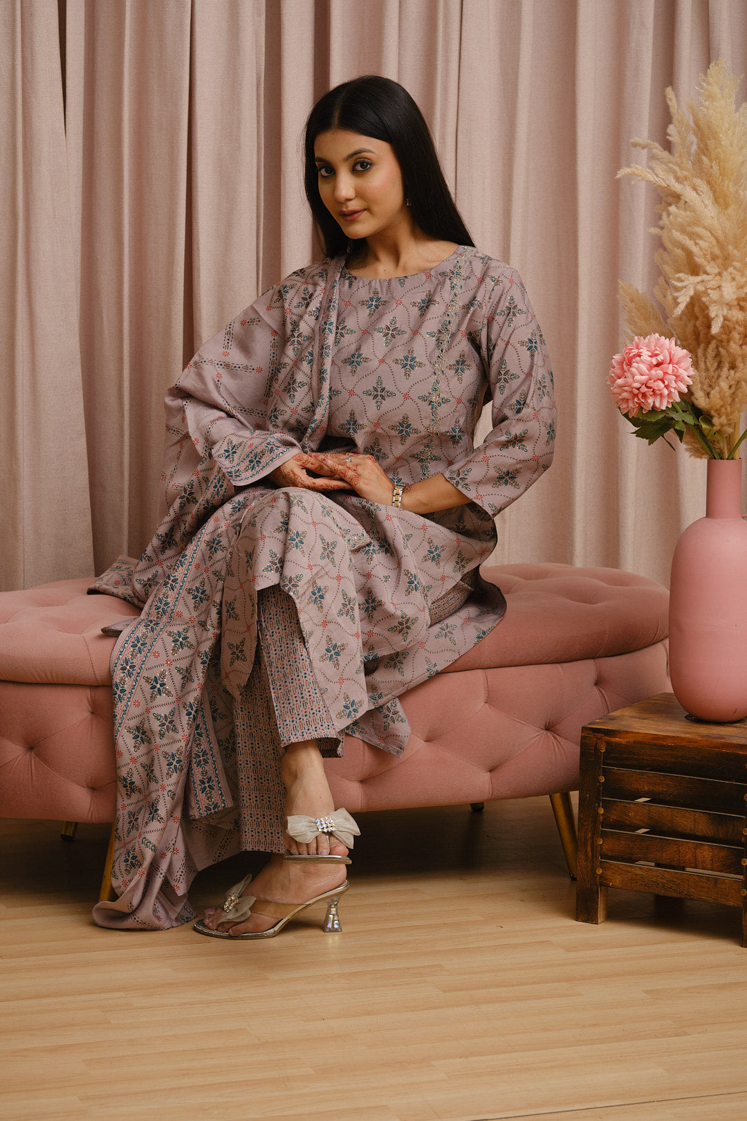 Mauve Pure Muslin Kurta Set