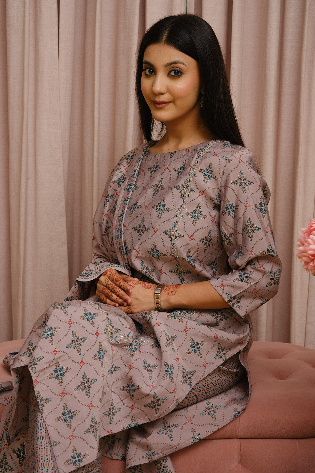 Mauve Pure Muslin Kurta Set