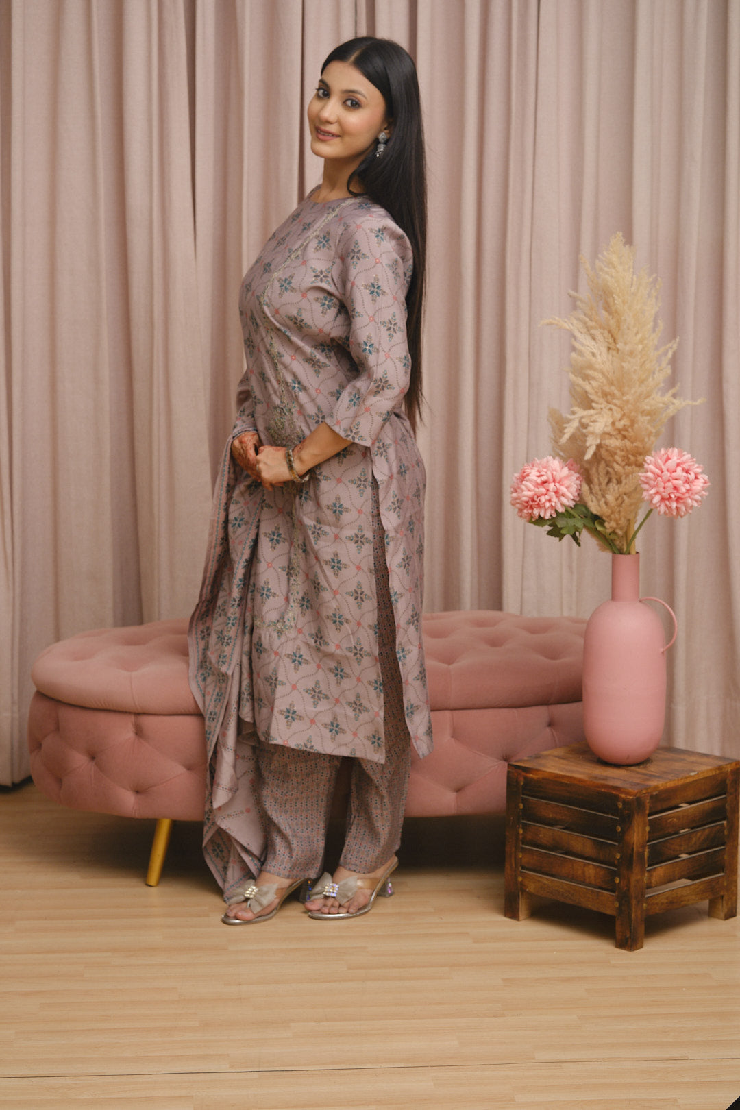 Mauve Pure Muslin Kurta Set