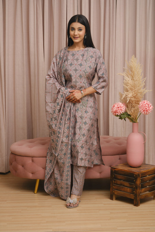 Mauve Pure Muslin Kurta Set