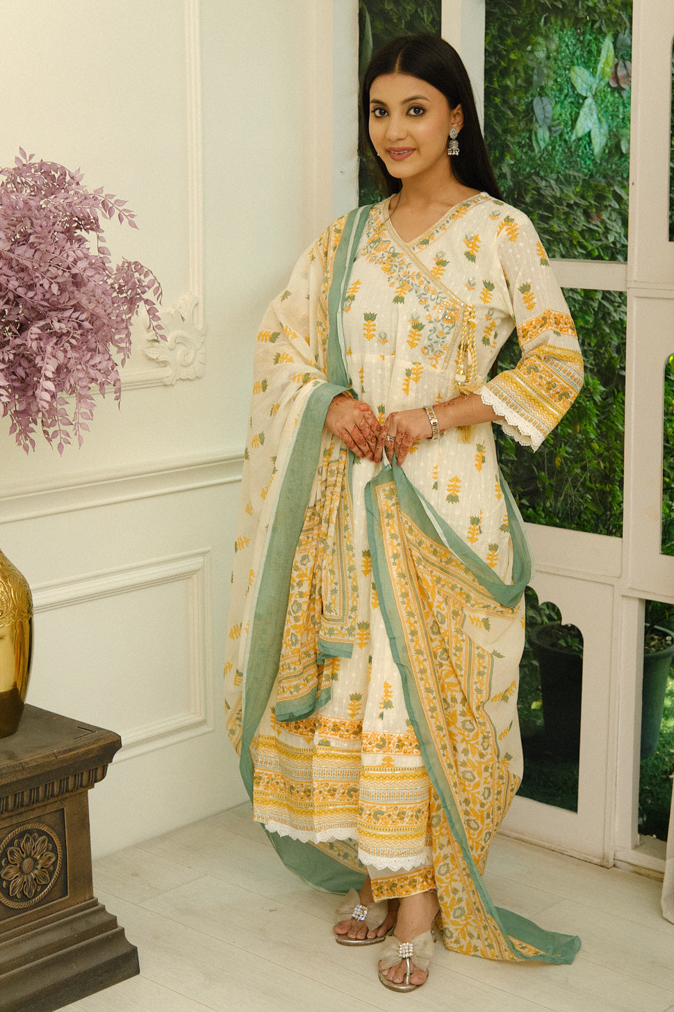 Cream Cotton Angrakha Kurta Set