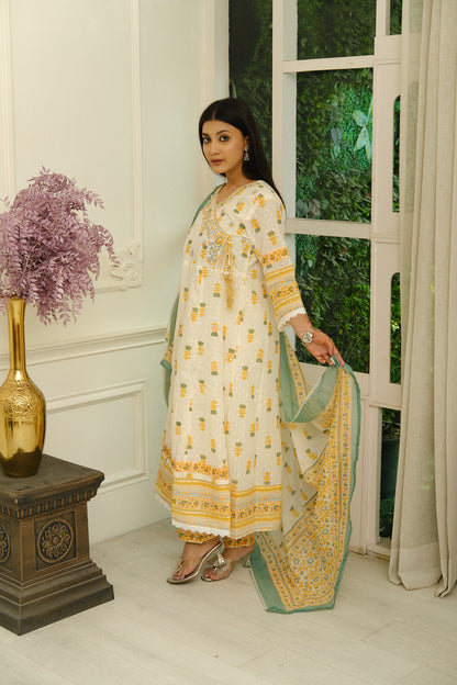 Cream Cotton Angrakha Kurta Set