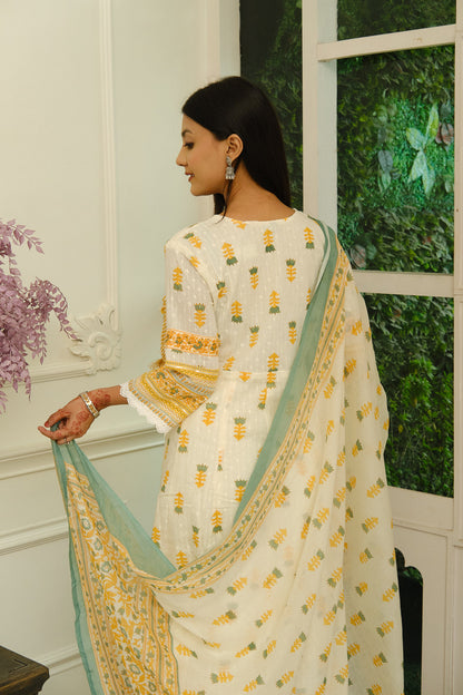 Cream Cotton Angrakha Kurta Set