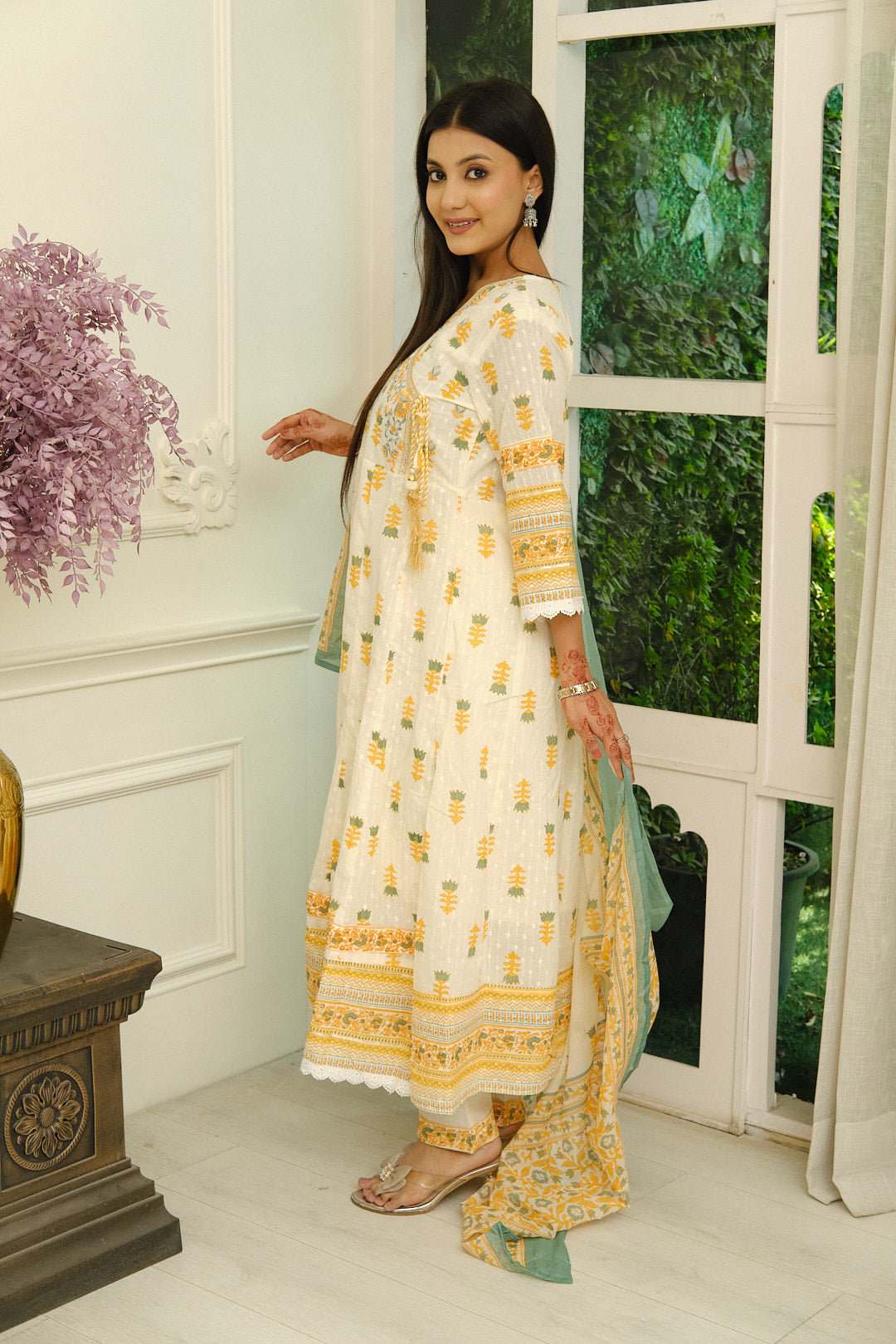 Cream Cotton Angrakha Kurta Set