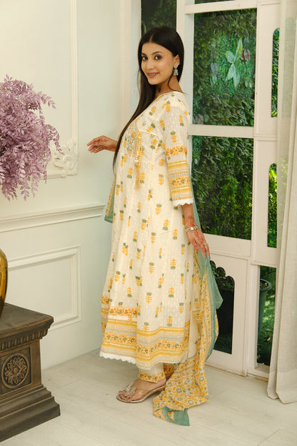 Cream Cotton Angrakha Kurta Set