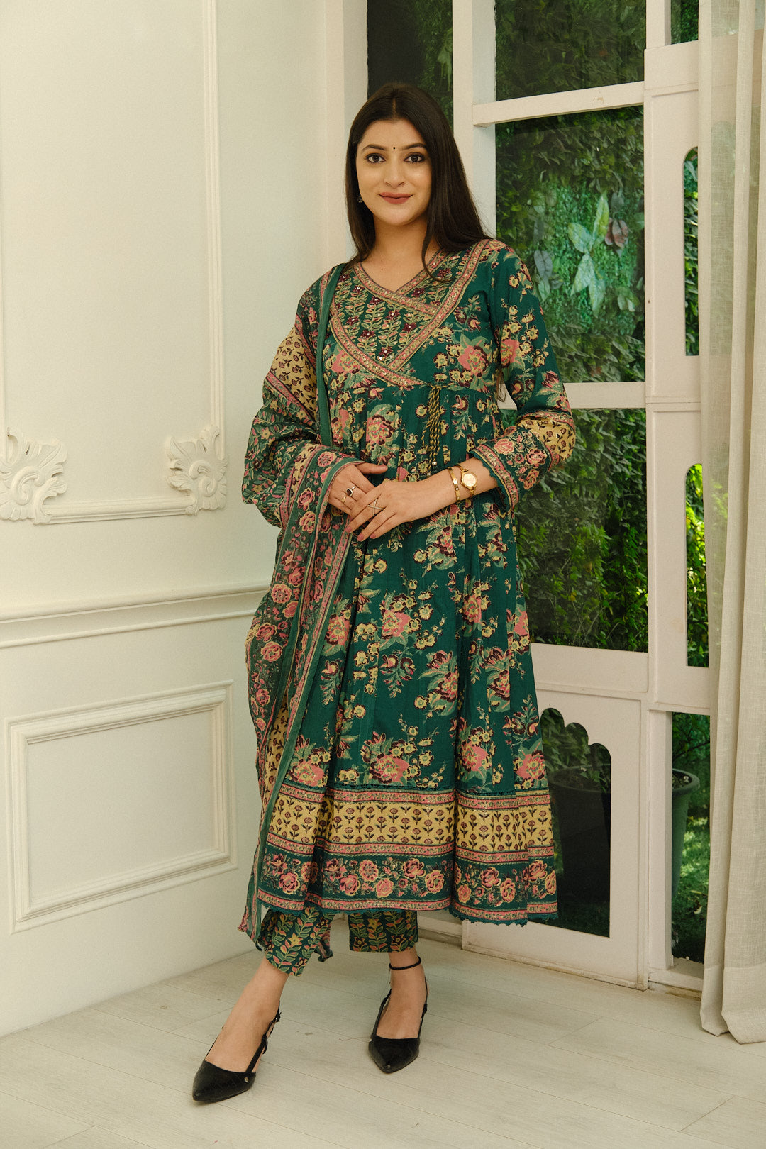 Dark Green Floral Print Anarkali Kurta Set
