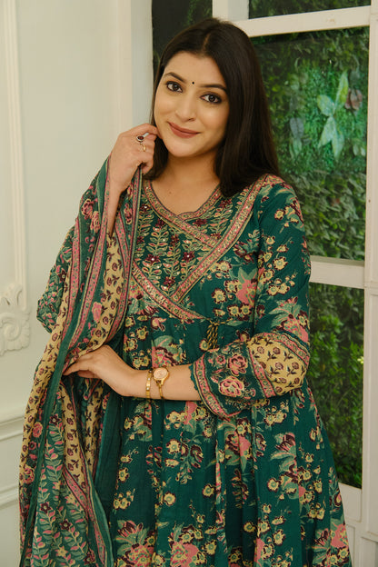 Dark Green Floral Print Anarkali Kurta Set
