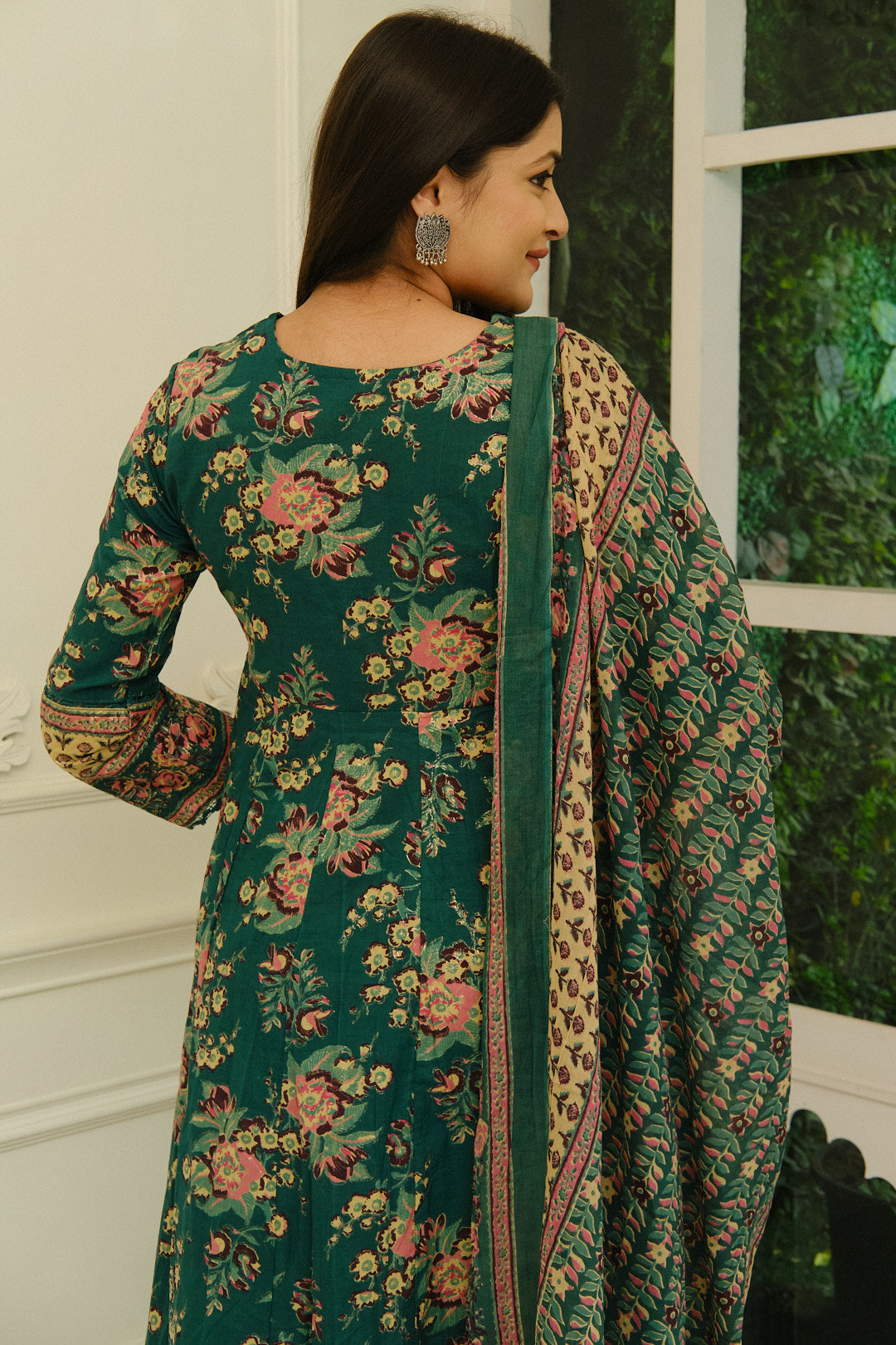 Dark Green Floral Print Anarkali Kurta Set