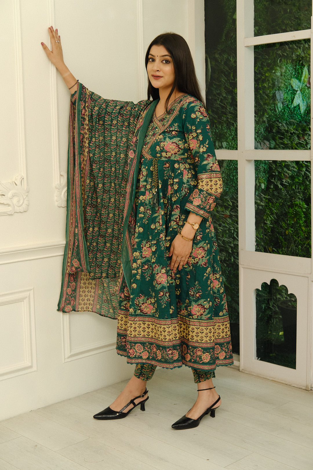 Dark Green Floral Print Anarkali Kurta Set