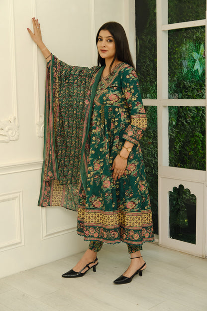 Dark Green Floral Print Anarkali Kurta Set