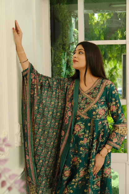Dark Green Floral Print Anarkali Kurta Set
