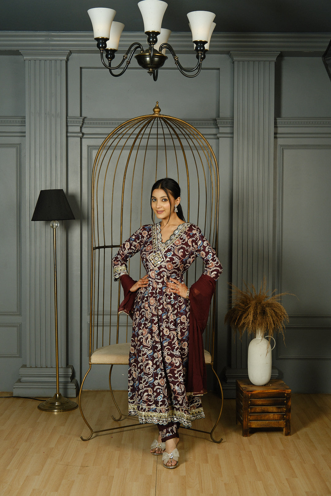 Maroon Printed Anarkali Kurta Set