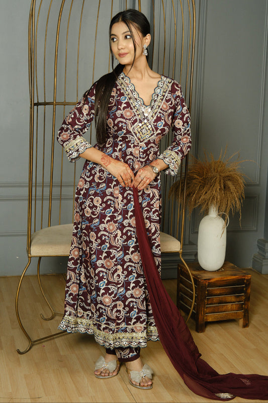 Maroon Printed Anarkali Kurta Set