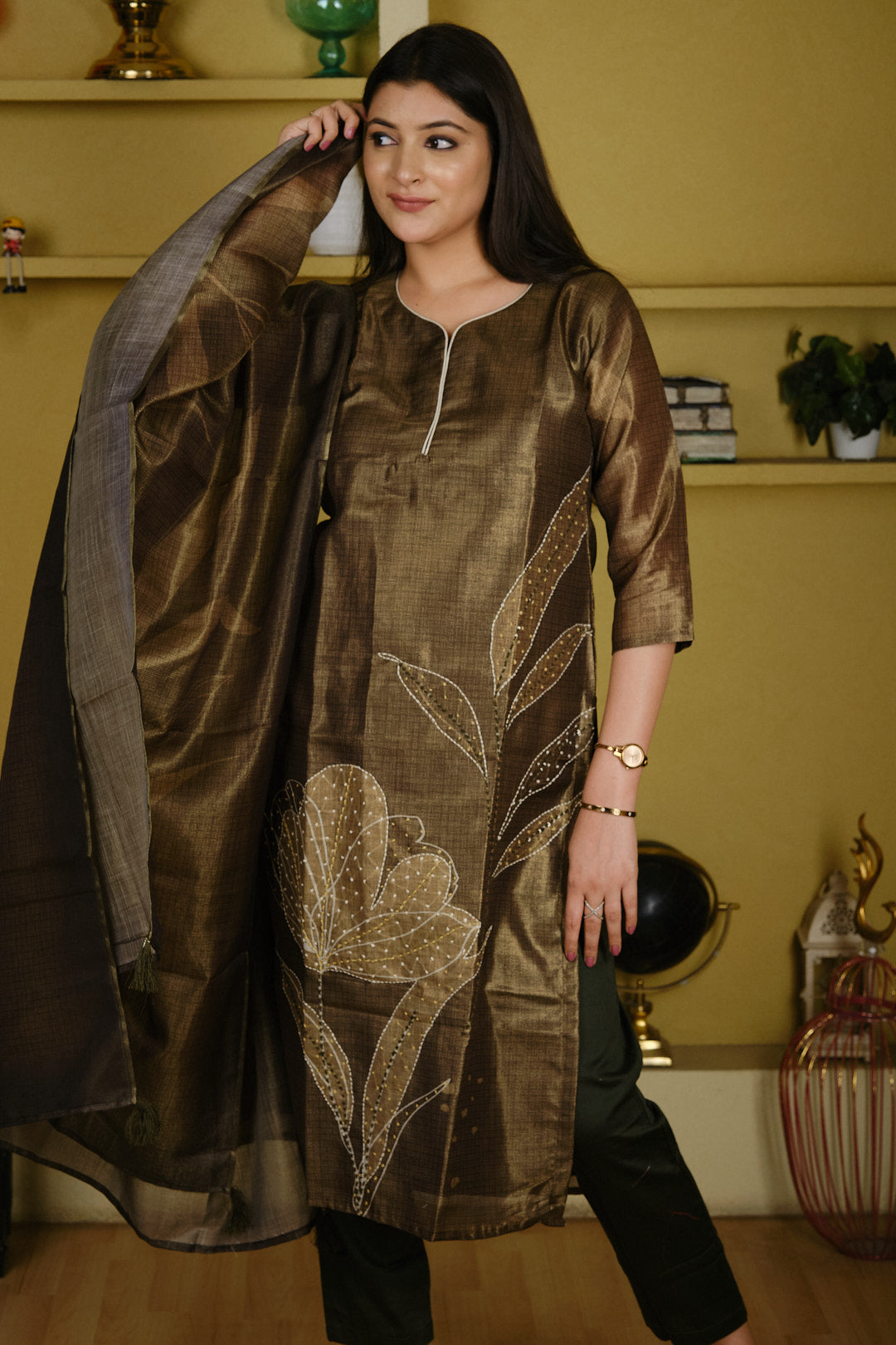 Dark Olive Green Tissue Silk Kurta Set