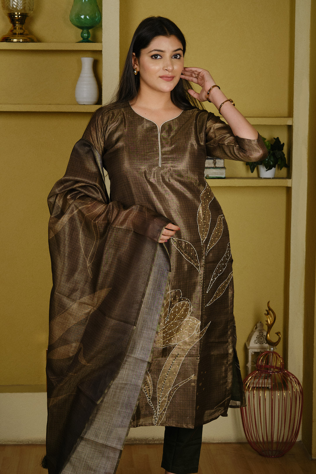 Dark Olive Green Tissue Silk Kurta Set