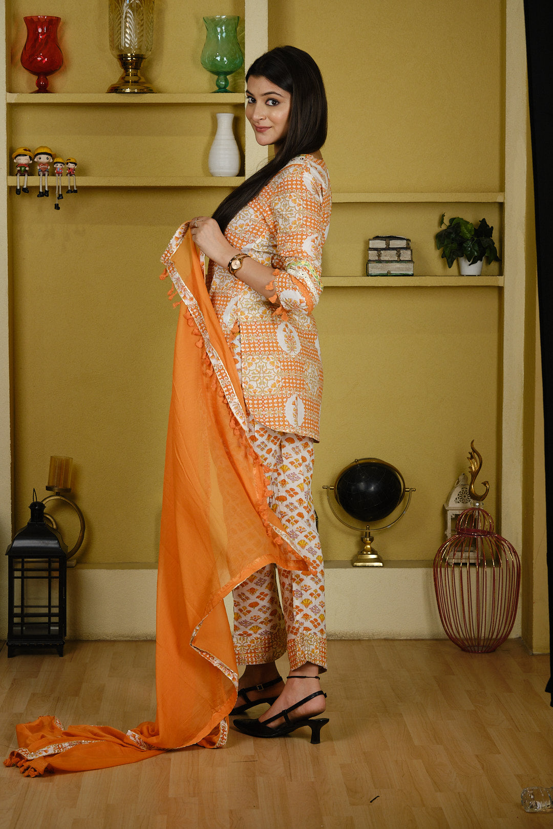 Orange Cotton Short Kurta Set