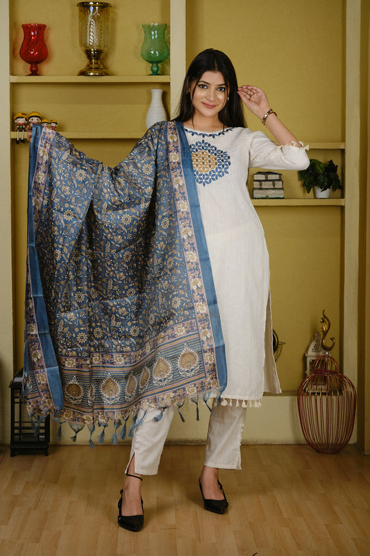 White & Blue Cotton Slub Kurta Set