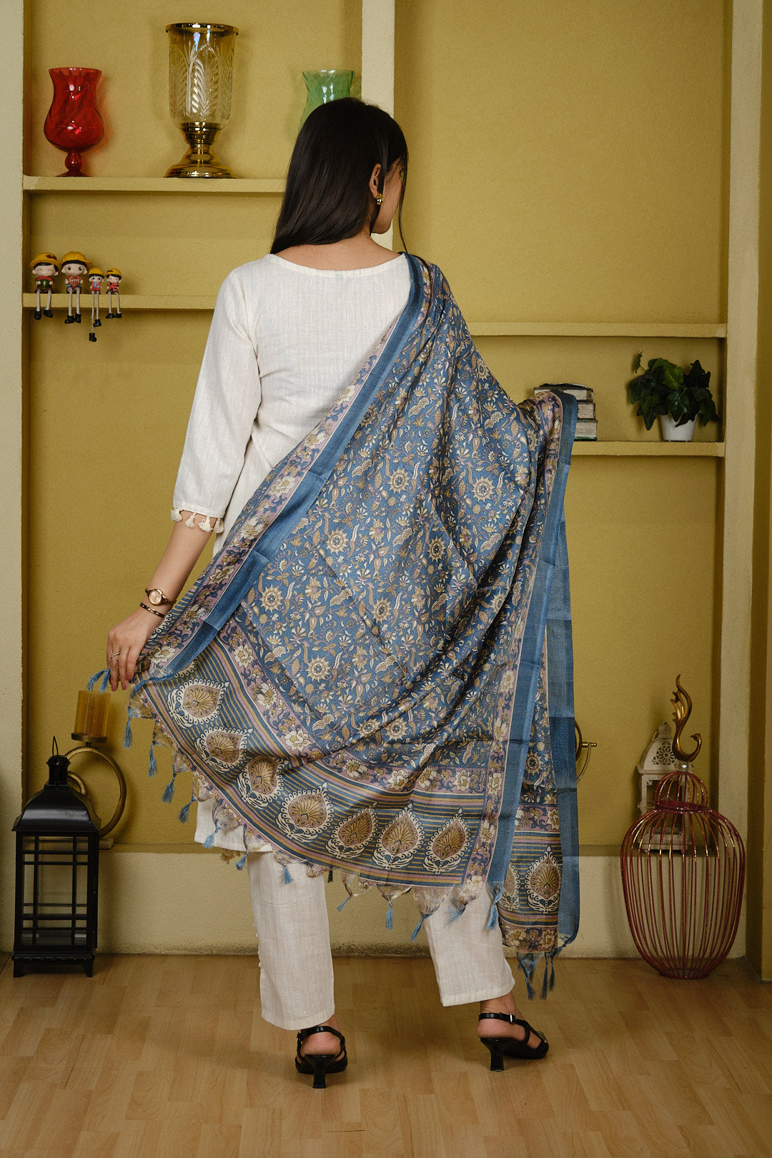 White & Blue Cotton Slub Kurta Set