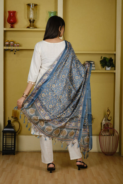 White & Blue Cotton Slub Kurta Set