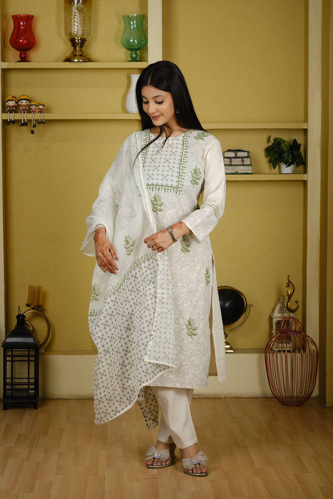 White and Green Cotton Kurta Set