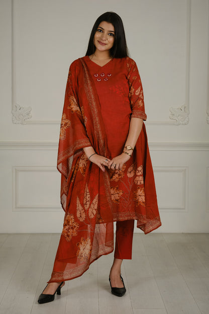 Cheese Cotton V- Neck Kurta Set