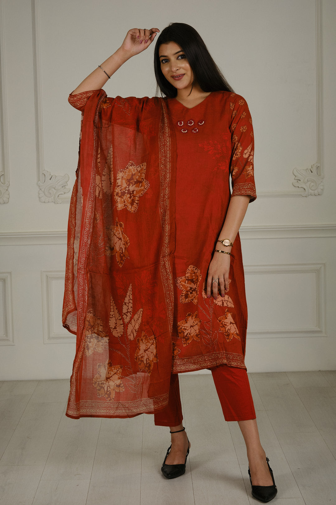 Cheese Cotton V- Neck Kurta Set