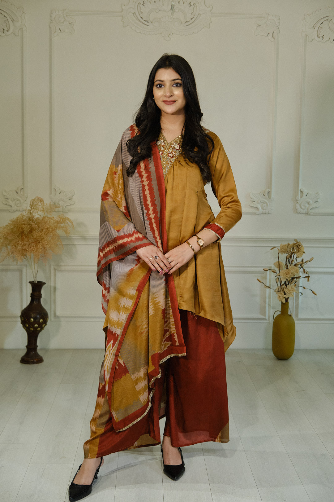 Mustard Dola Silk Kurta Set