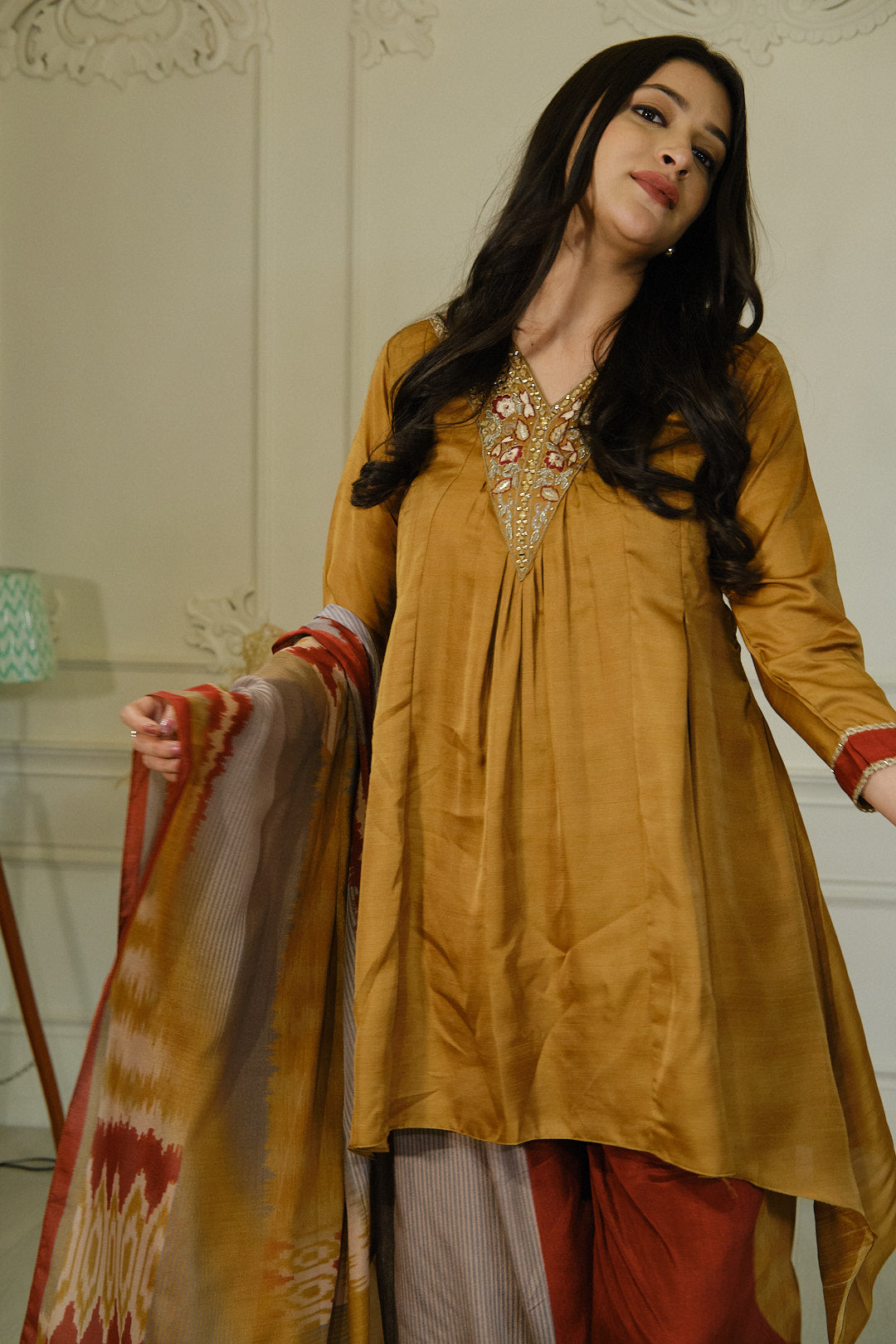 Mustard Dola Silk Kurta Set
