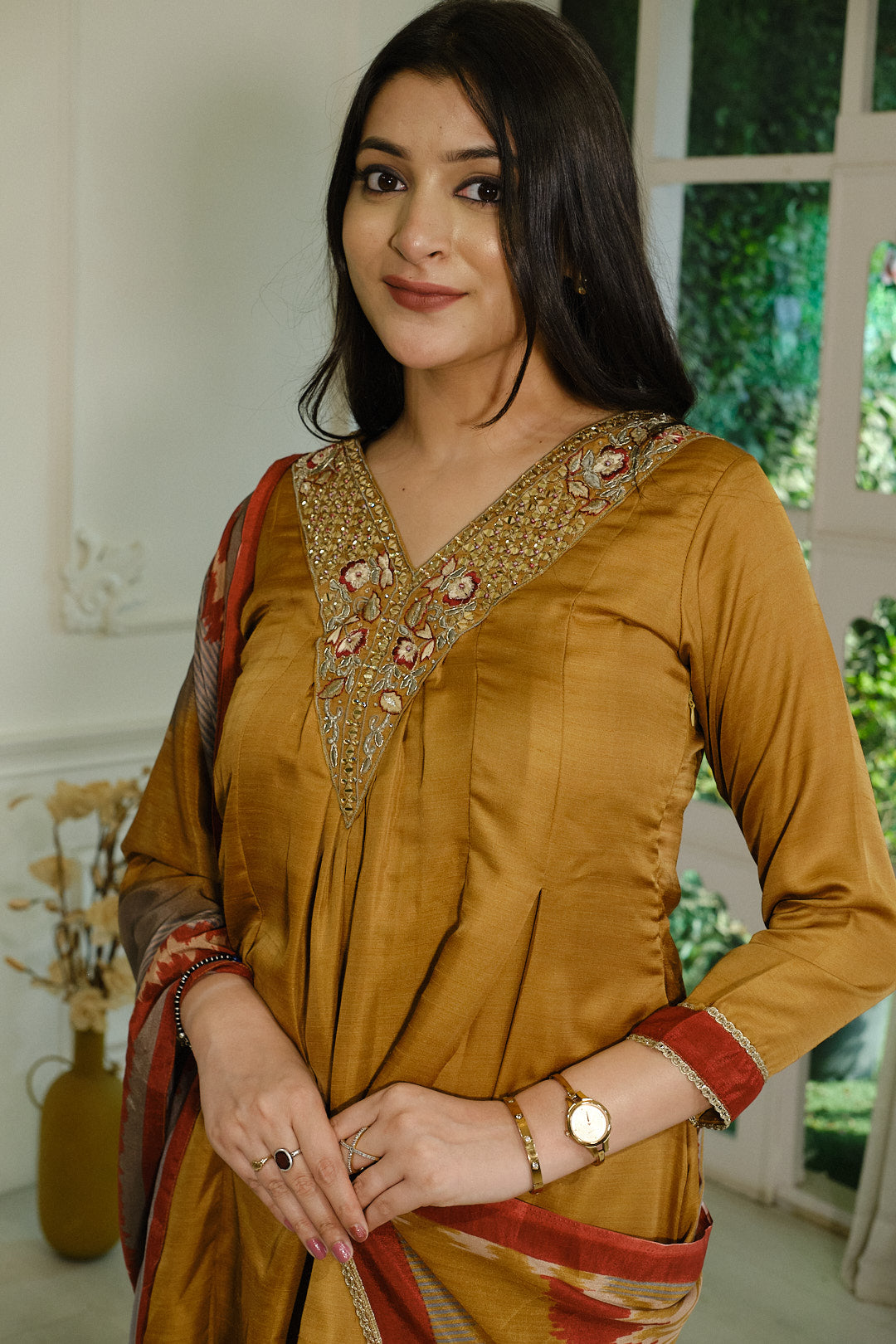 Mustard Dola Silk Kurta Set